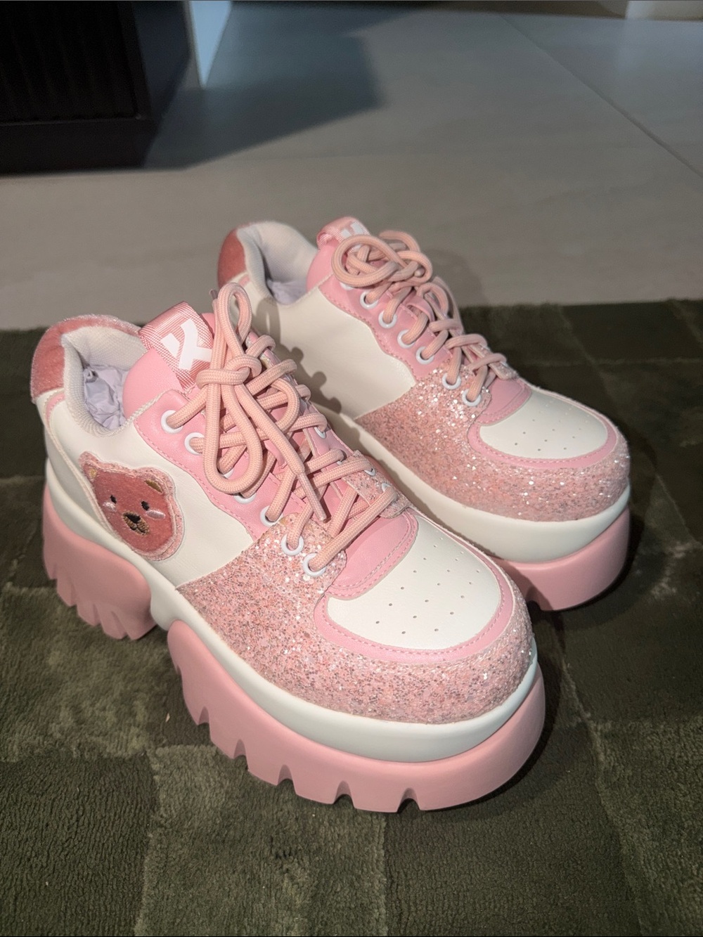 koi Pink and White Platform Glitter Bear Sneakers